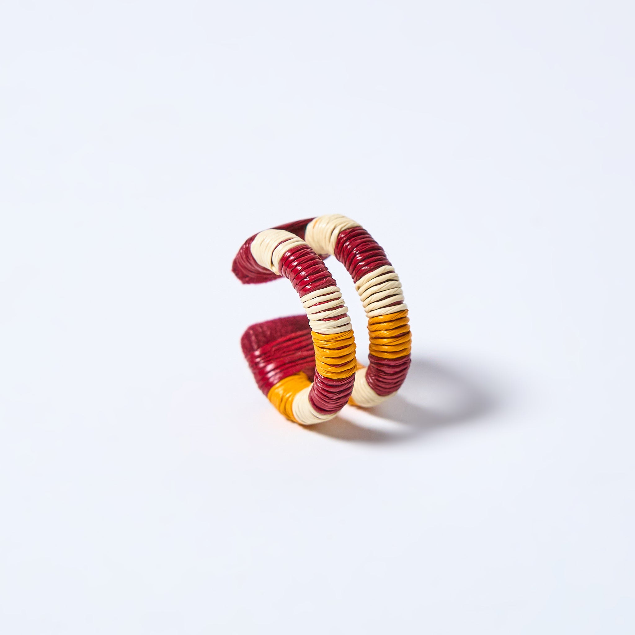 Handmade double ear cuff striped in wine red, mustard and cream