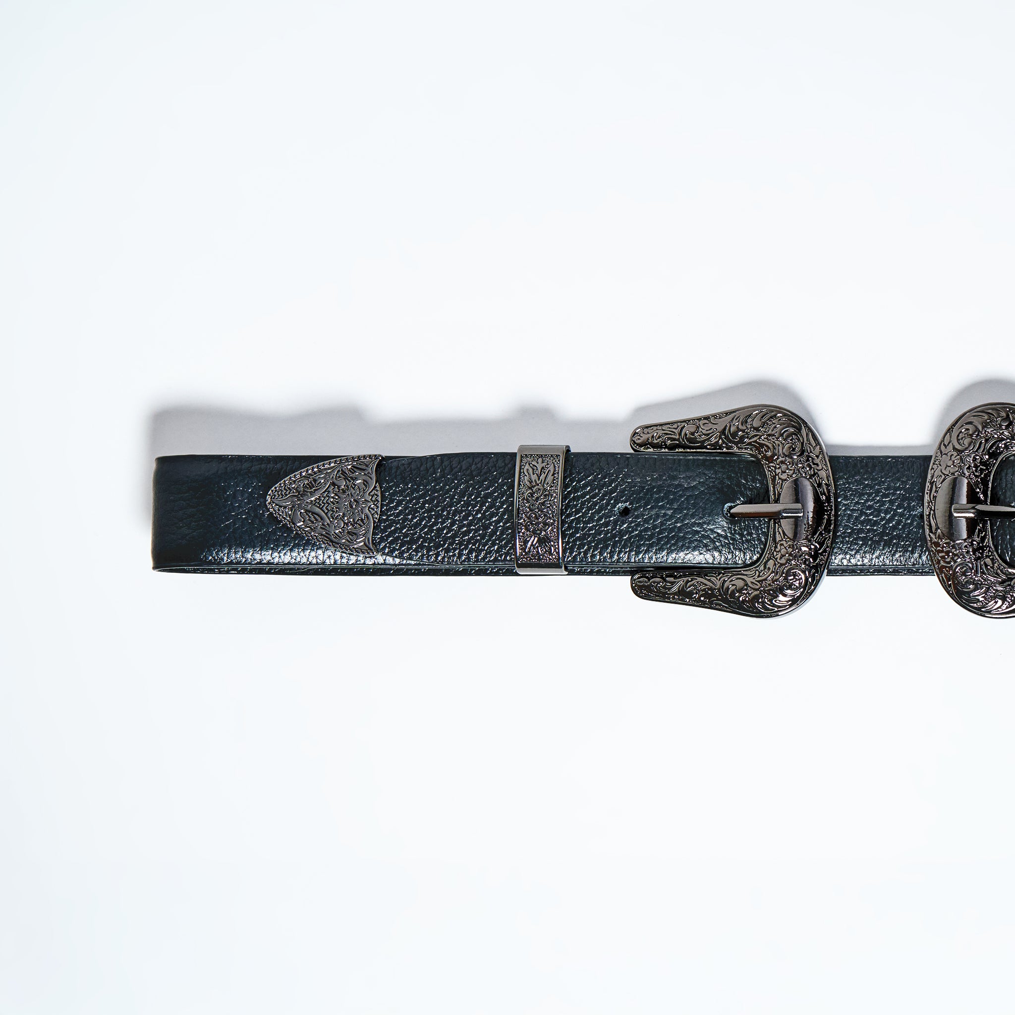 Black leather western belt with silver buckles