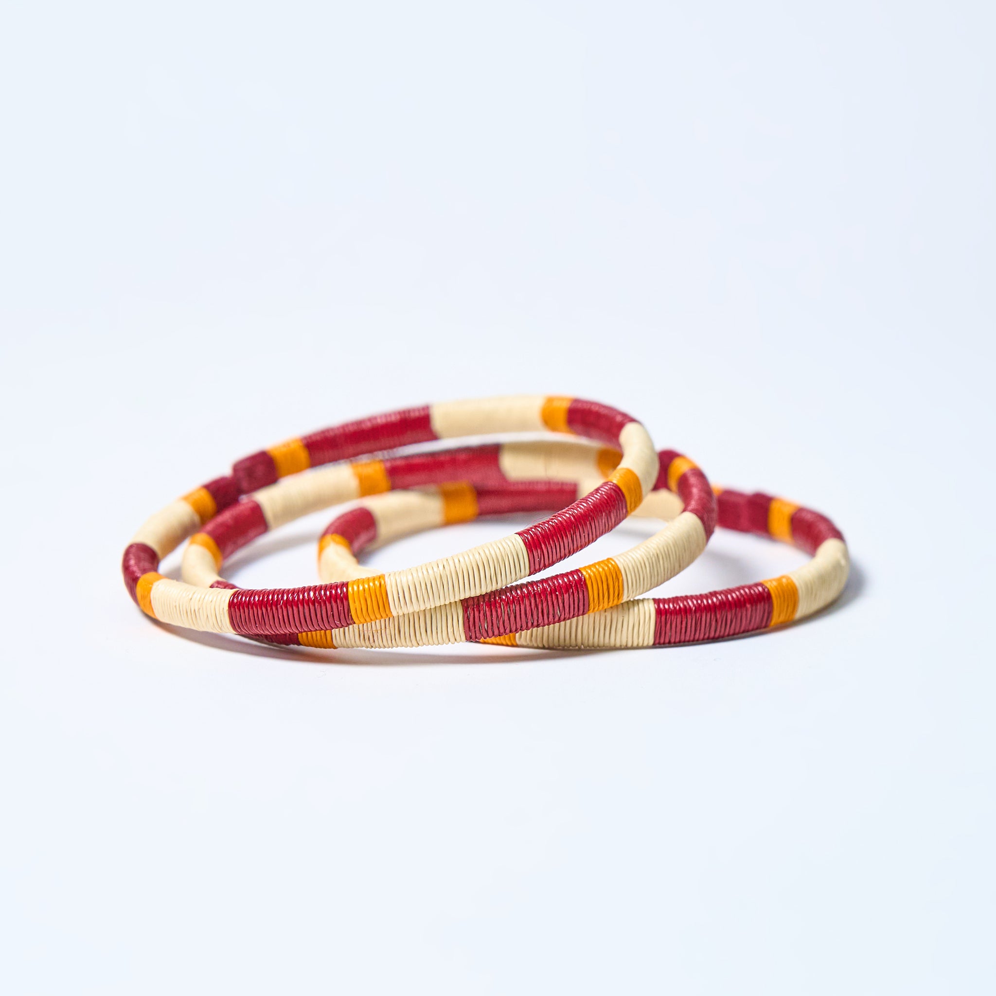 Set of handmade striped bracelets in Wine-Cream-Mustard