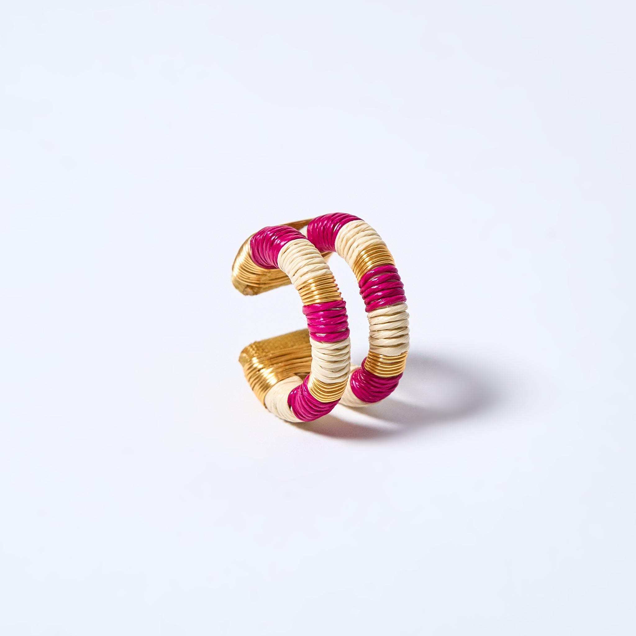 Handmade ear cuff striped in gold, fuchsia pink and cream