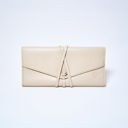 Cream 100% leather wallet with a brand logo on a light gray background