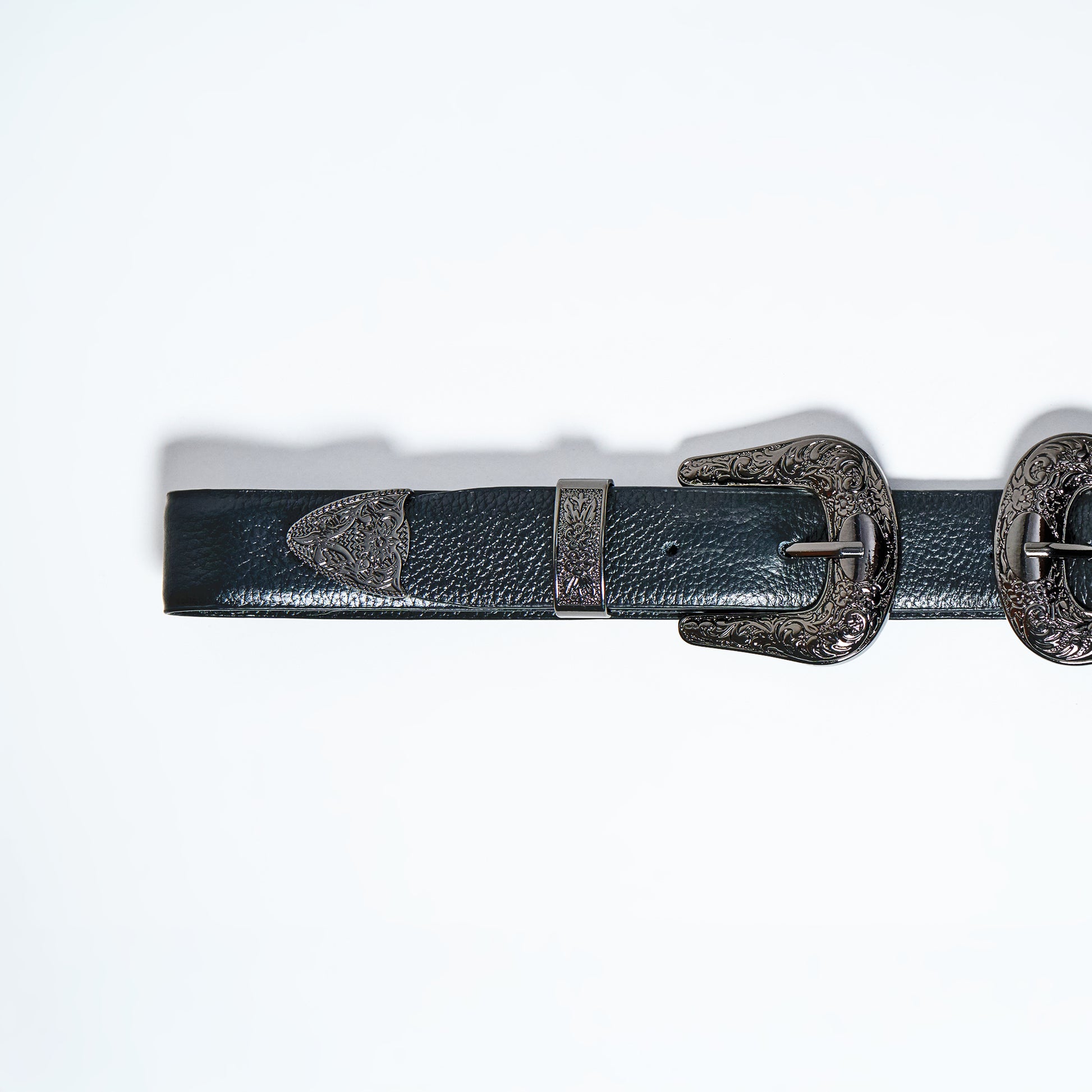 Black leather western belt with silver buckles 