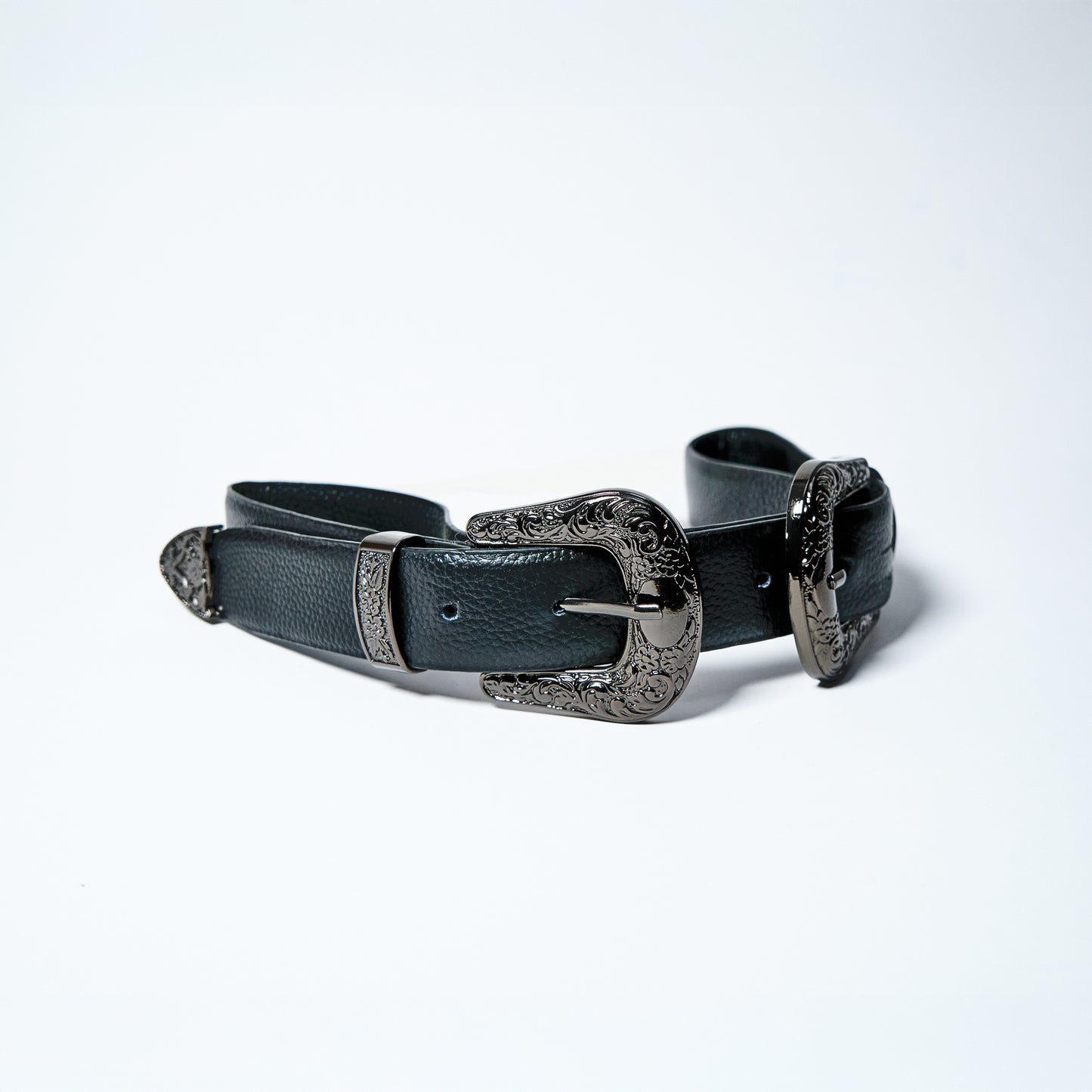 Black leather western belt with silver buckles