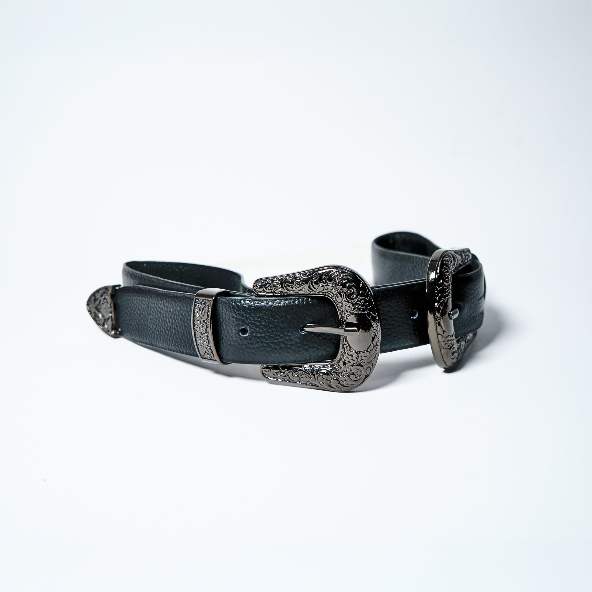 Black leather western belt with silver buckles
