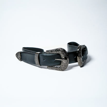 Black leather western belt with silver buckles