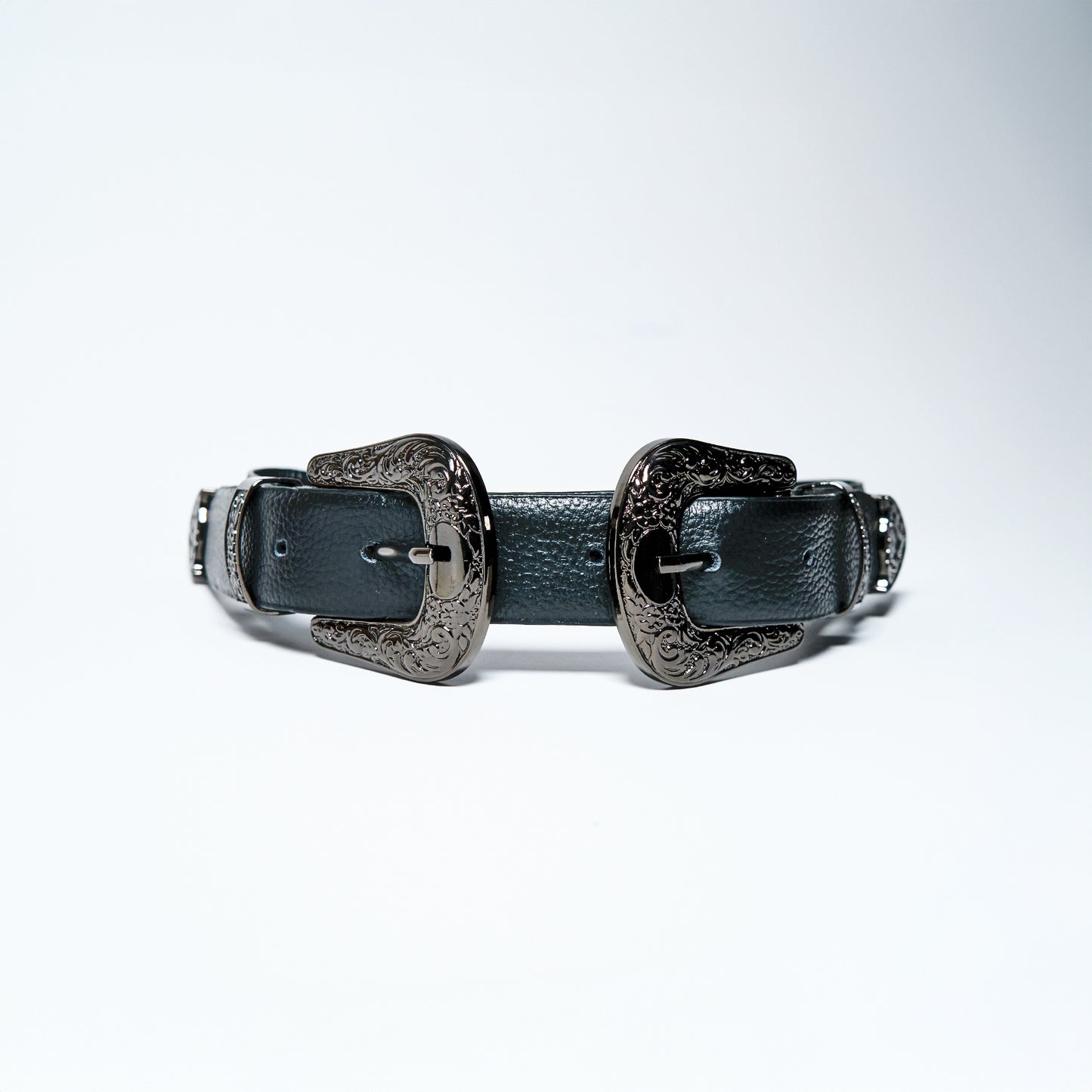 Black leather western belt with silver buckles