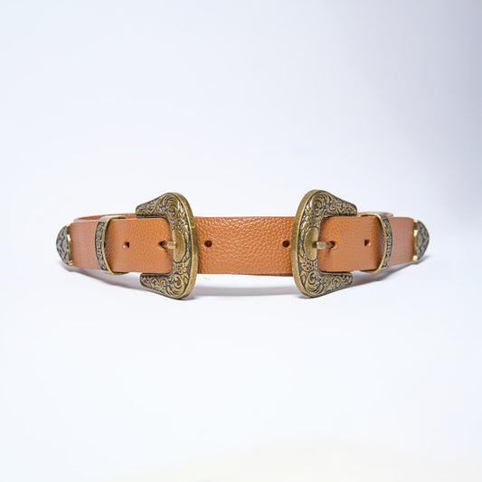brown honey western leather belt with gold buckles