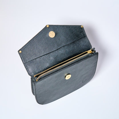 Lyra convertible leather crossbody bag in Black Onyx with adjustable strap, can be worn as a shoulder bag, crossbody, or belt bag. Handcrafted by Oda Nova