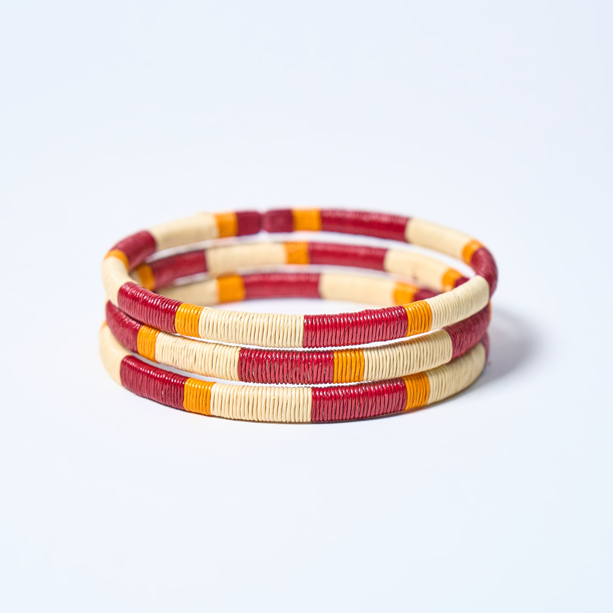 Set of  handmade striped bracelets in Wine-Cream-Mustard